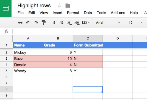 highlight rows in Google Sheets