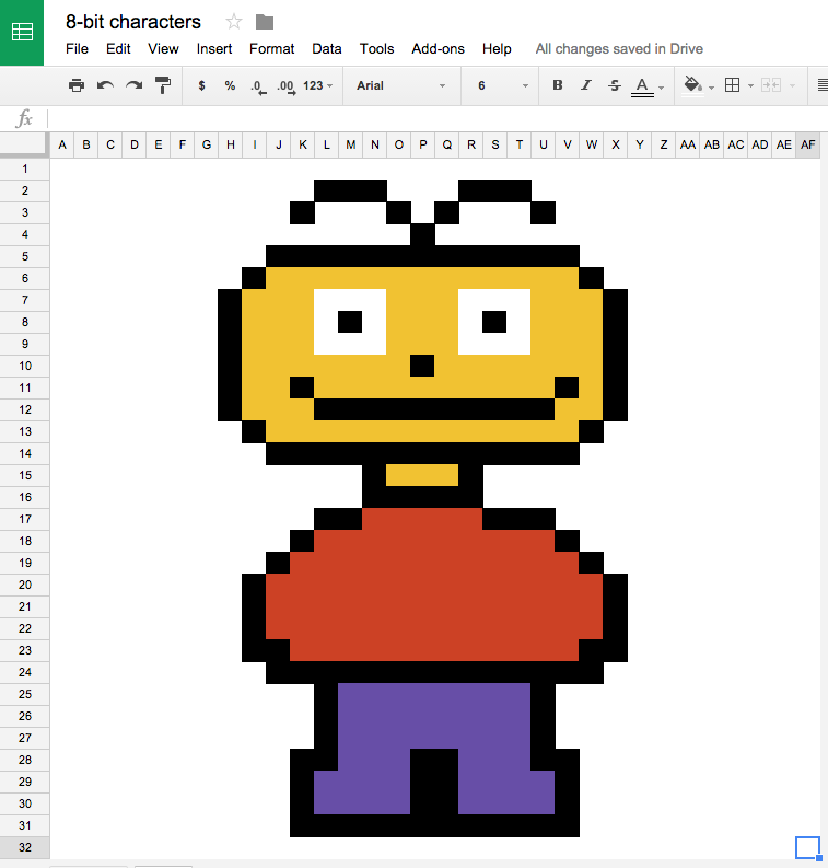 Creating 8-bit characters in Google Sheets for use in student creations