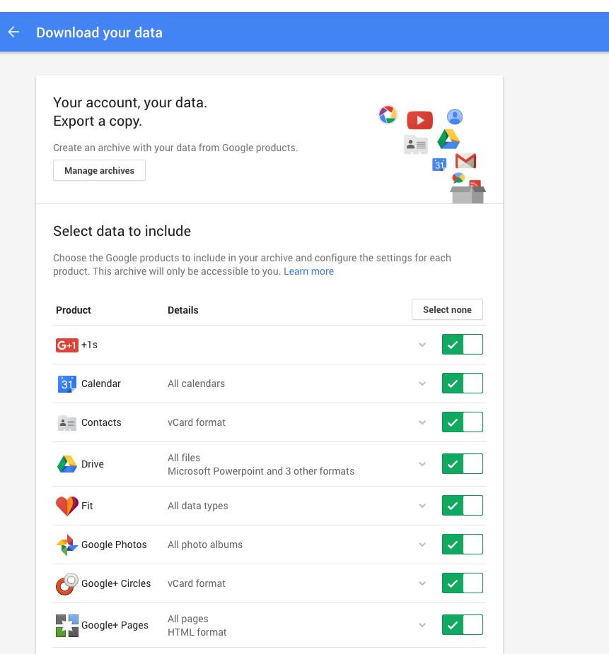 Backing up your Google account with Google Takeout