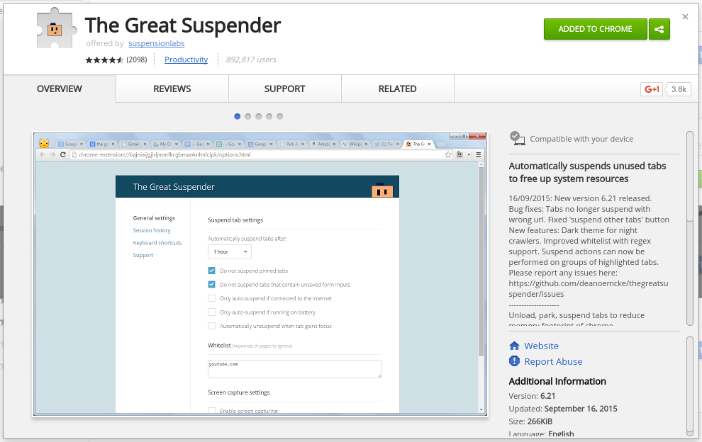 Suspend tabs in Chrome with The Great Suspender