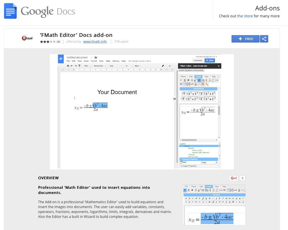 Easily insert equations into Google Docs with the FMath Editor add-on