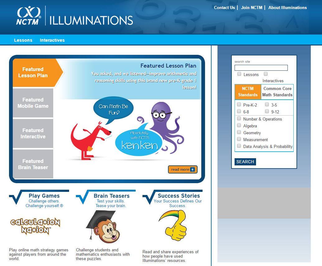 Illuminations has lesson plans and interactives for the Pre-K – 12th grade math teacher, all free!