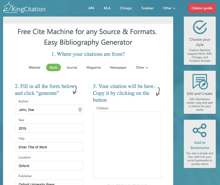 KingCitation is a free bibliography service for almost any format or source