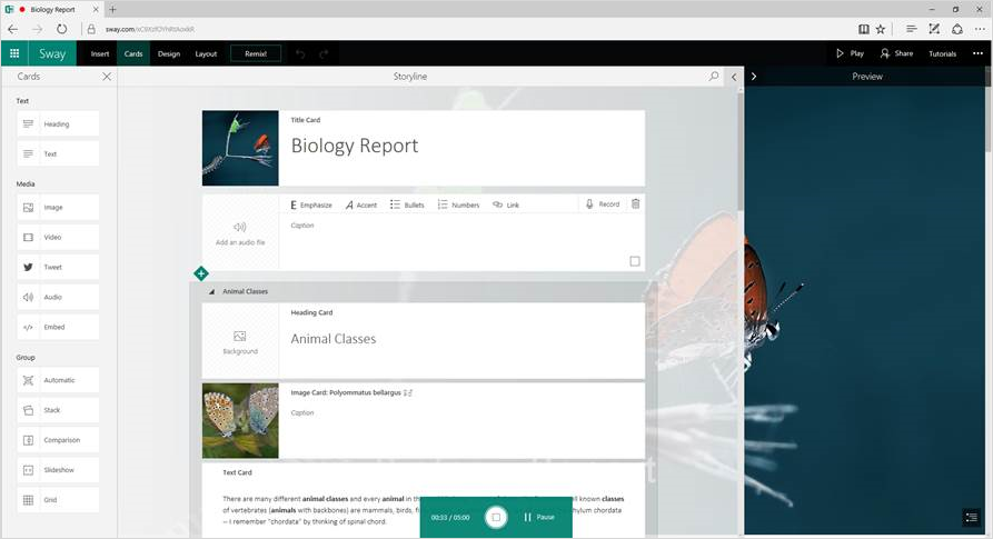 New options for Microsoft’s online multiemedia tool Sway—recording, autoplay and more