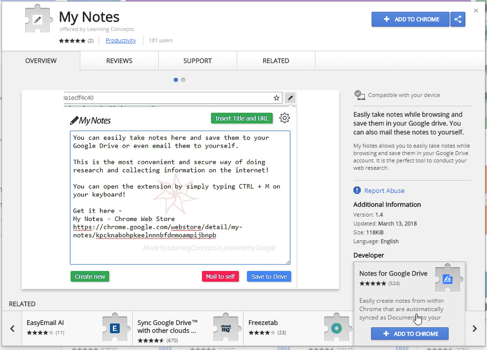 My Notes is a Chrome extension for saving notes to Google Drive
