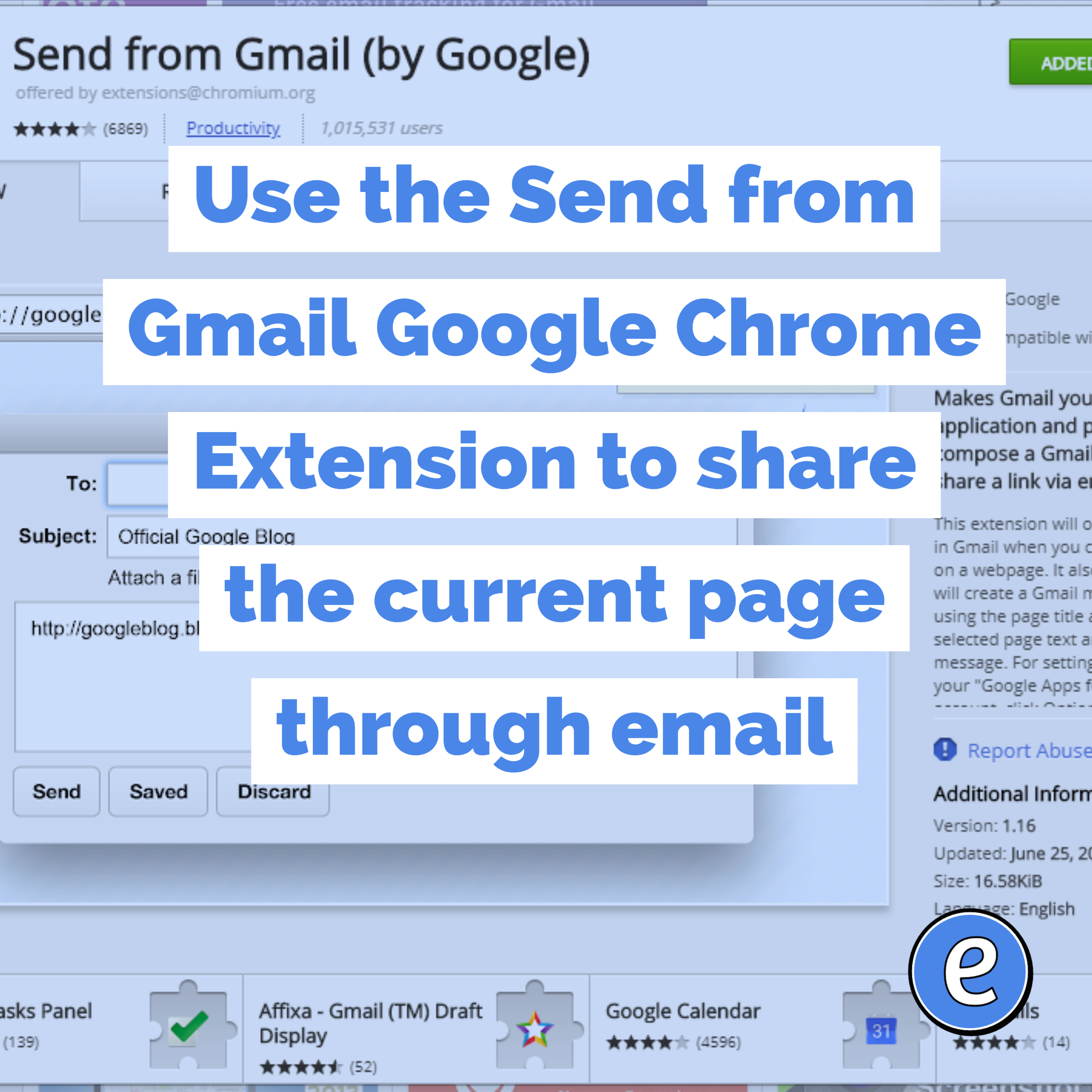 Use the Send from Gmail Google Chrome Extension to share the current page through email