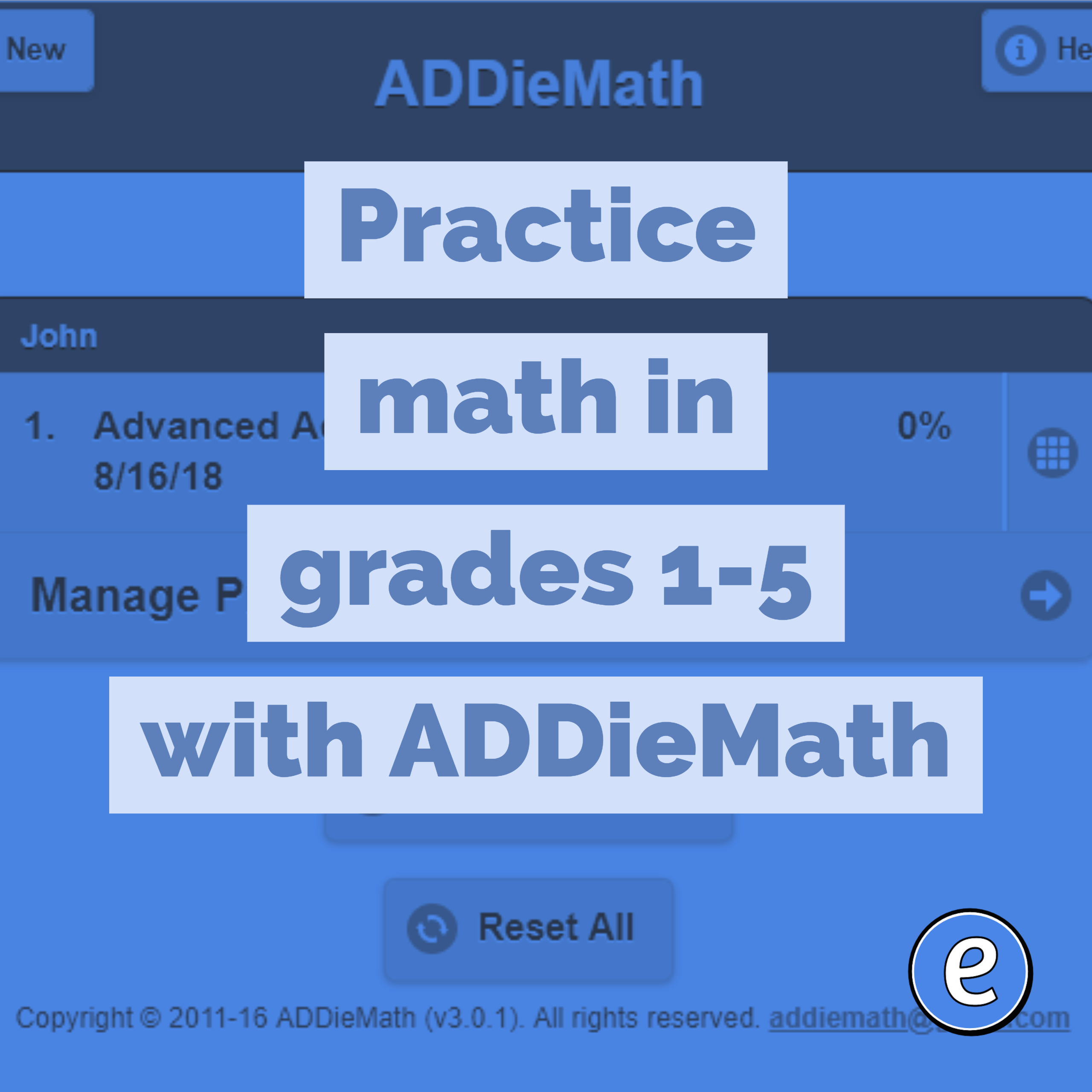 Practice math in grades 1-5 with ADDieMath