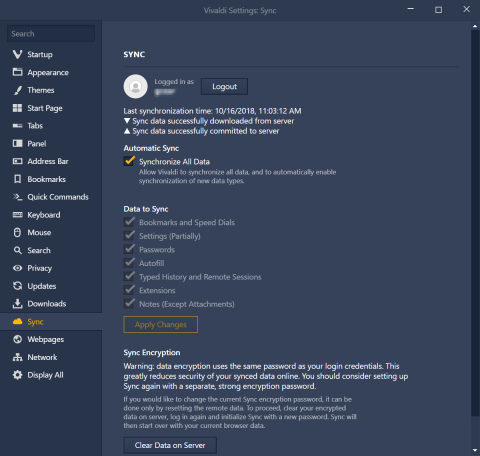 Syncing settings in Vivaldi