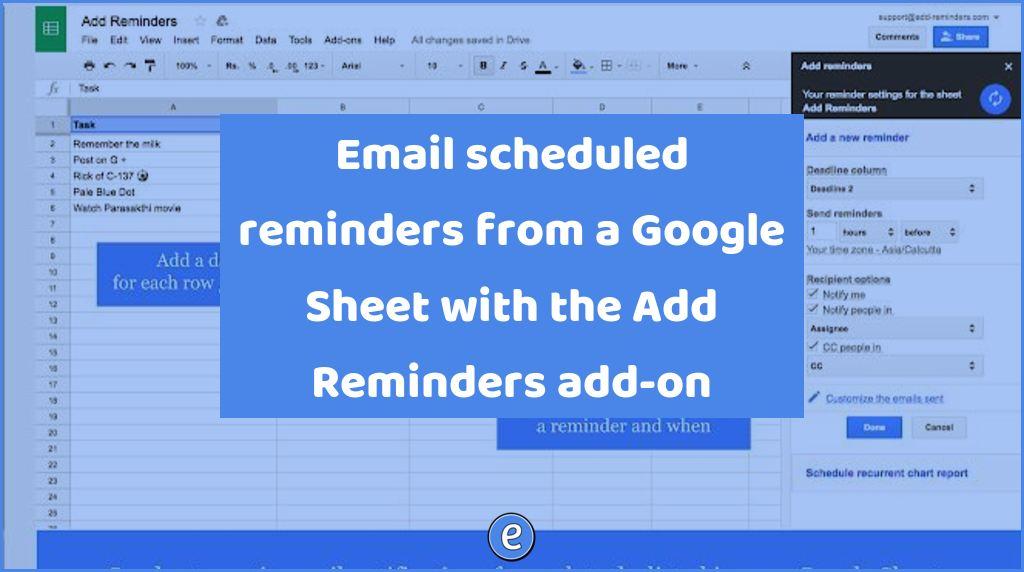 Email scheduled reminders from a Google Sheet with the Add Reminders add-on
