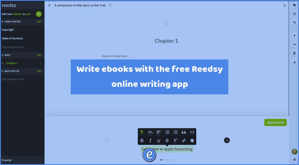 Write ebooks with the free Reedsy online writing app