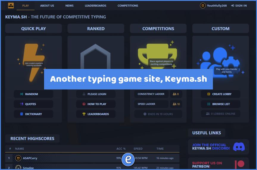 Another typing game site, Keyma.sh